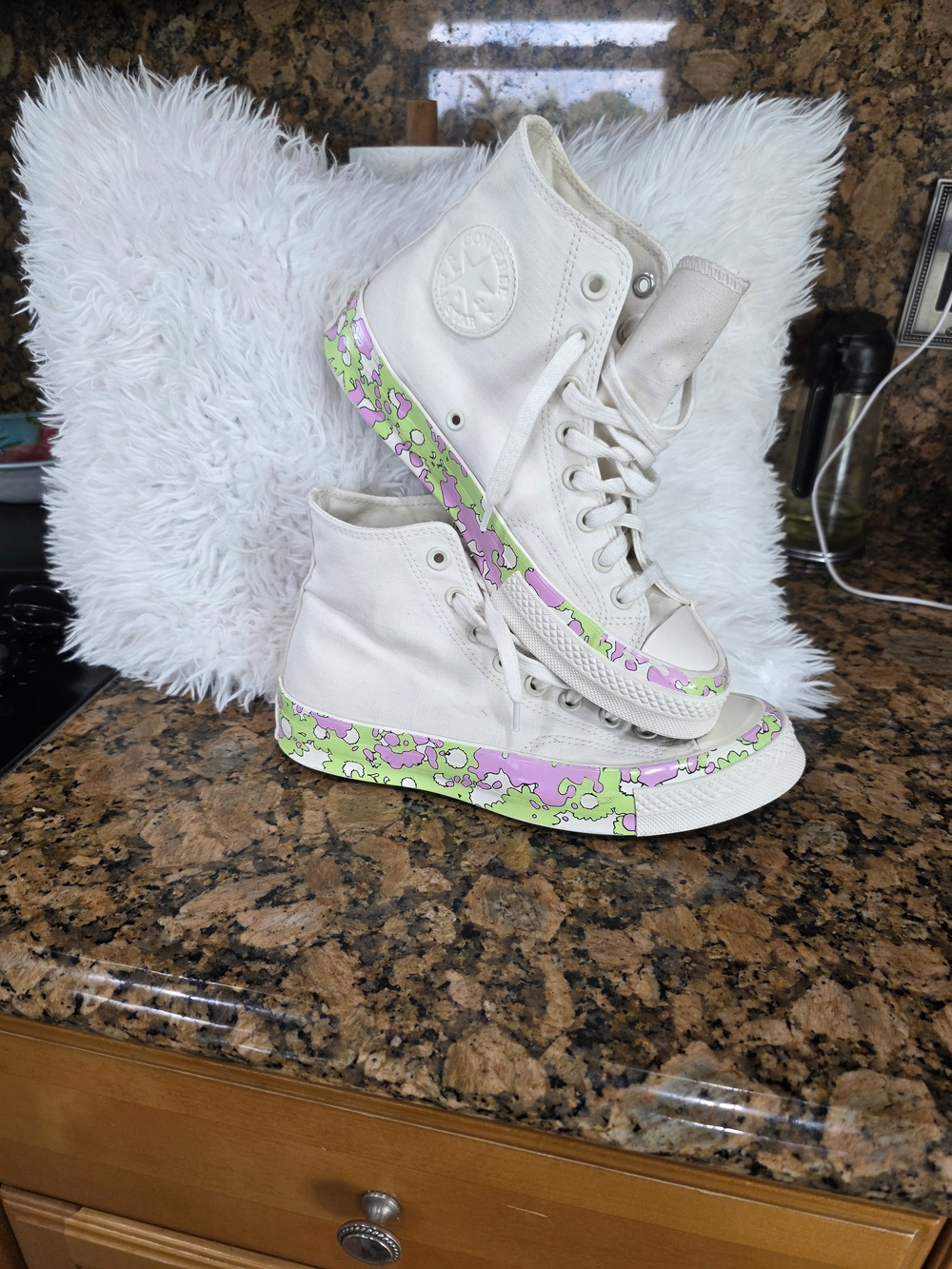 Converse White High Top Sneakers with Green and Pink Accents